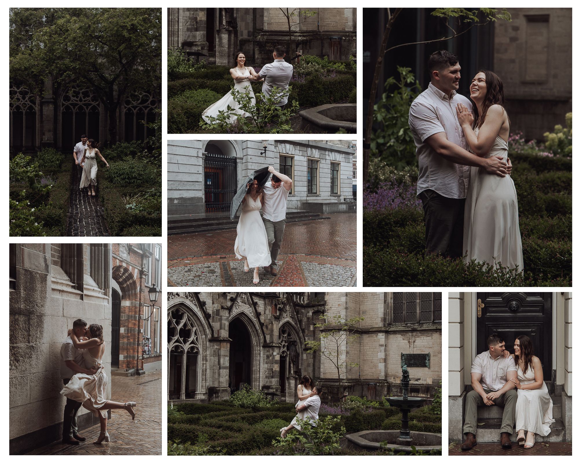 Romantic couples engagement photo collage in a lush garden setting, featuring intimate poses and elegant outfits.