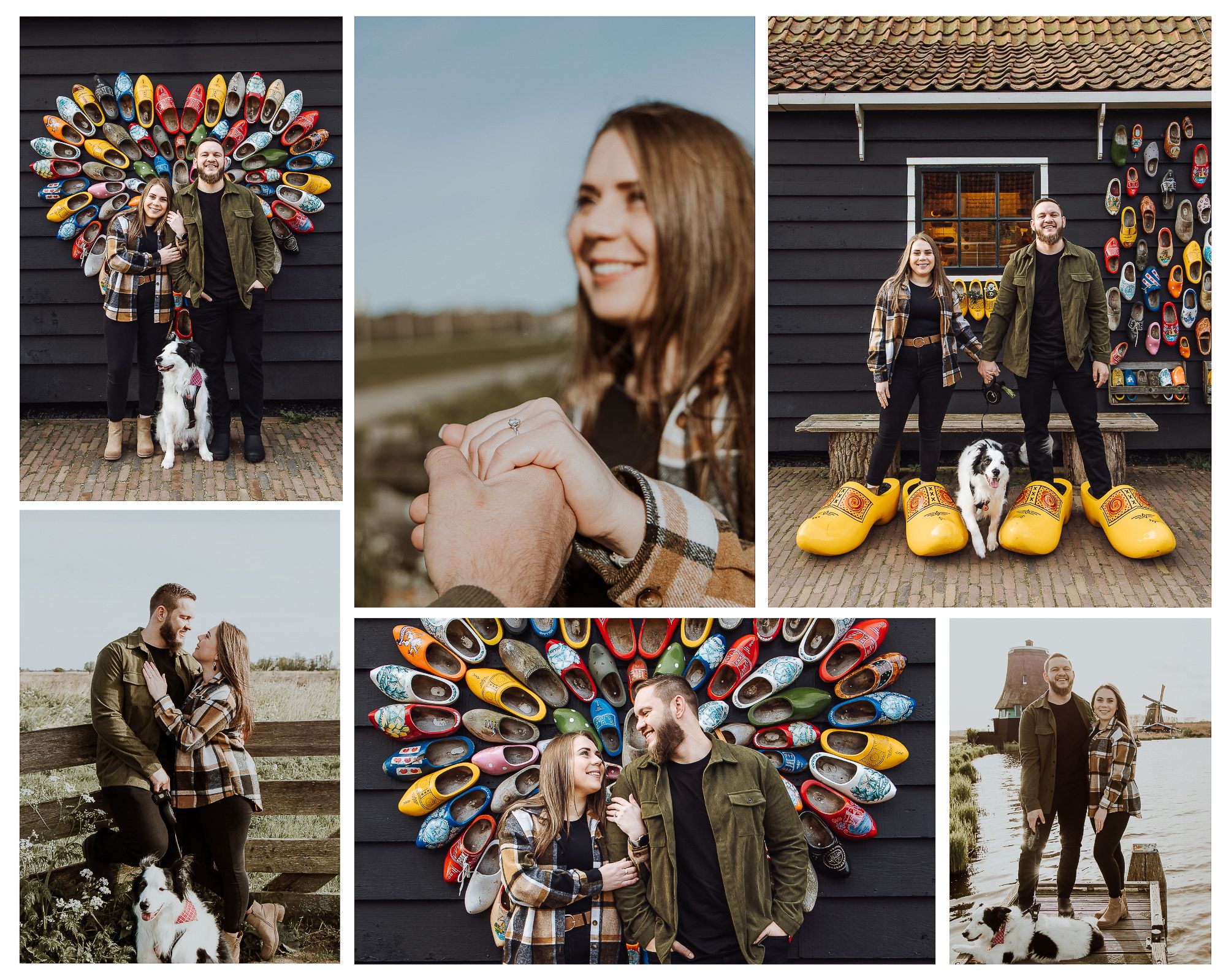 Couple's pre-wedding photoshoot at Zaanse Schans, with their dog, historic windmills, and relaxed natural portraits.
