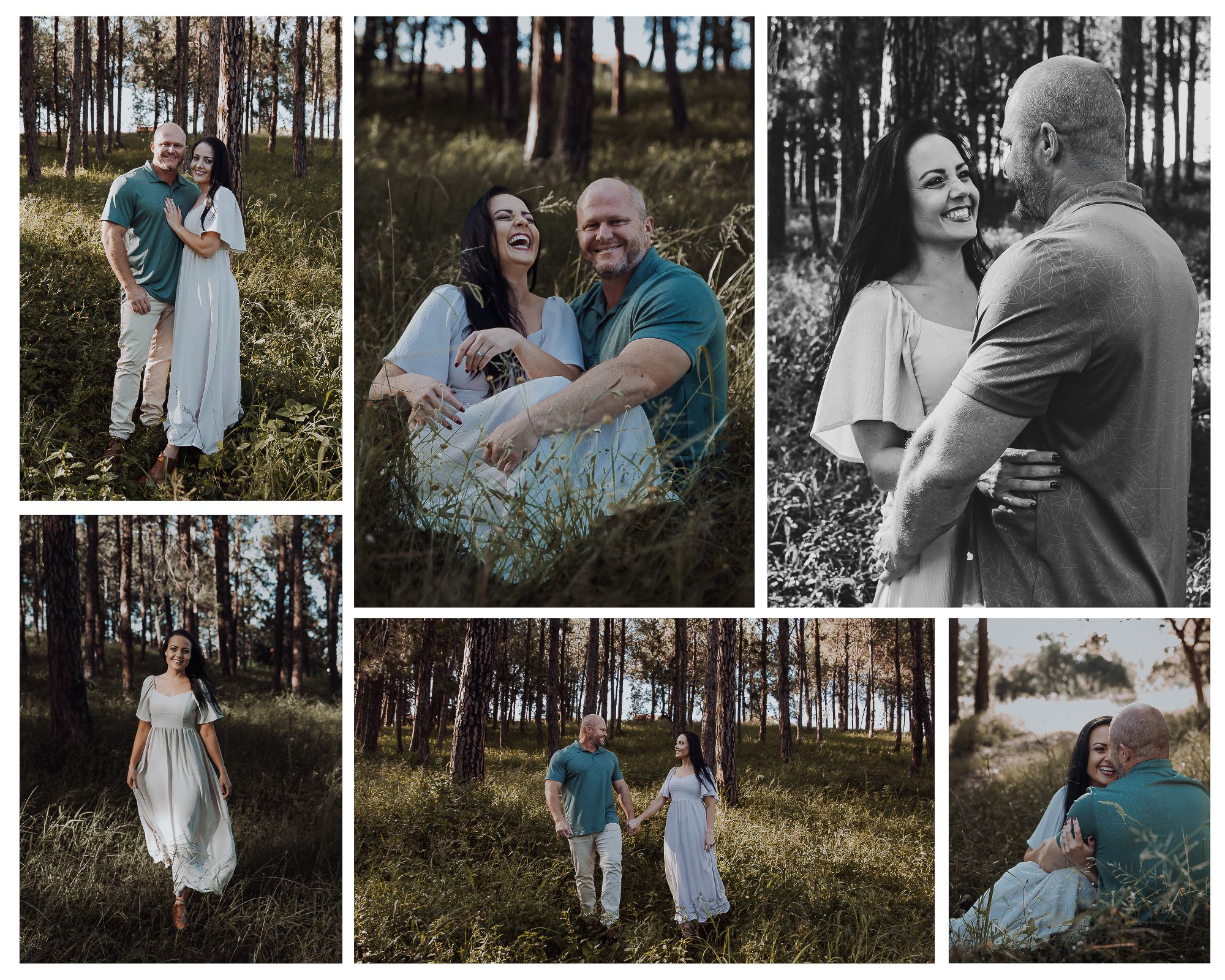 Engaged couple enjoying a natural engagement photoshoot in a pine forest, in the Netherlands surrounded by trees and soft natural light.