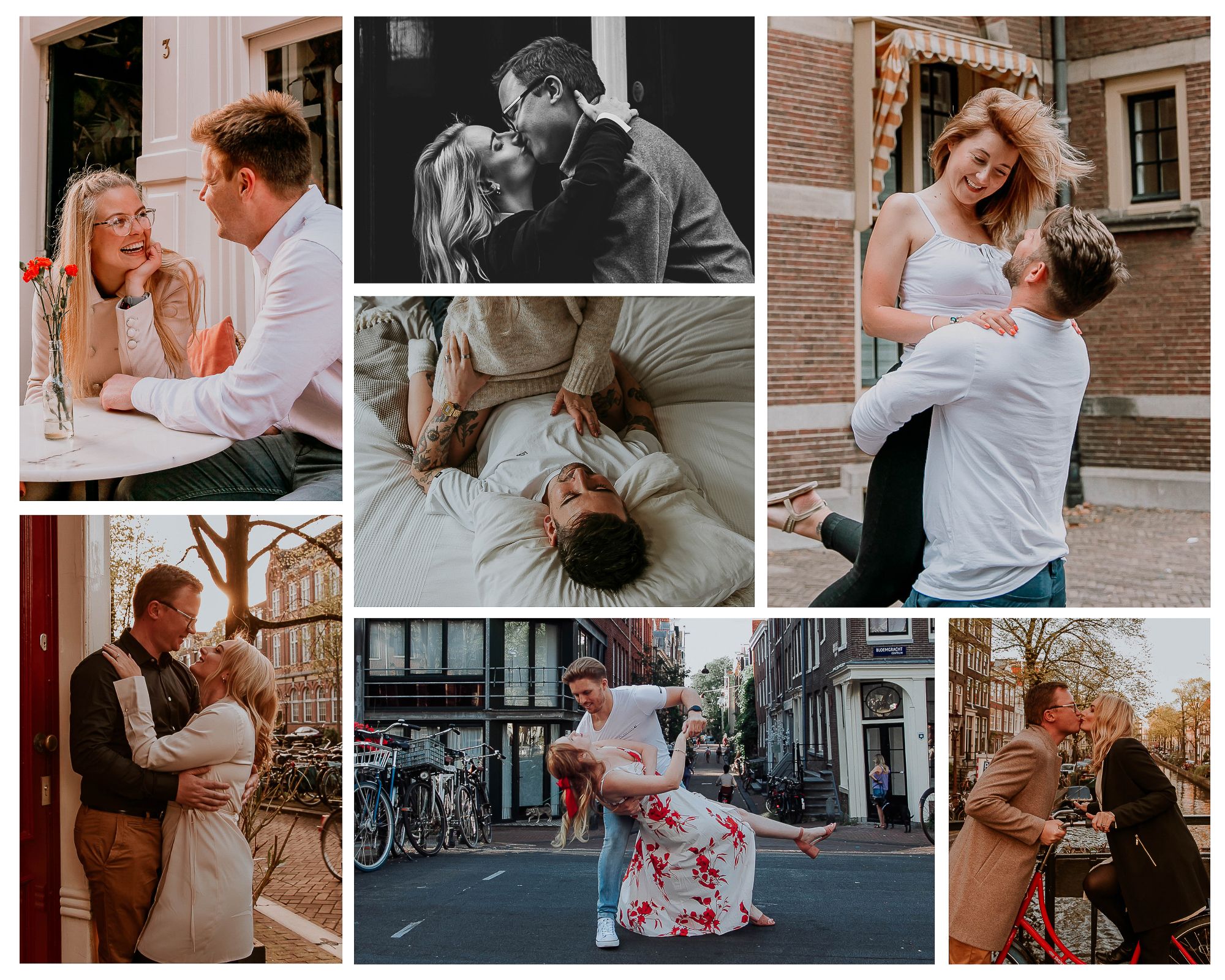 A romantic couples photo collage featuring tender moments in Amsterdam streets and intimate indoor settings.