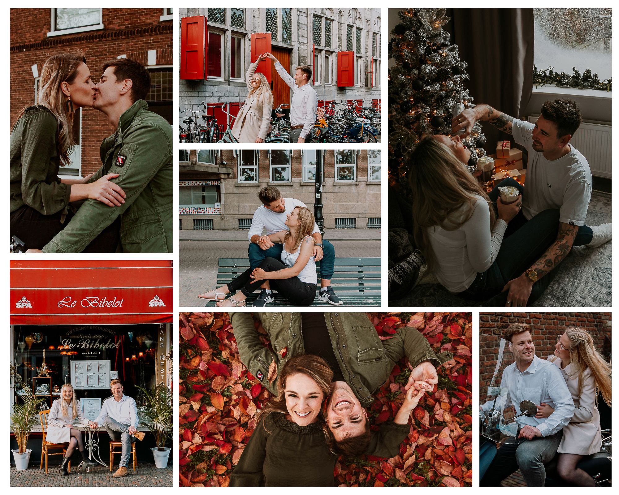 Romantic couple collage featuring kisses, autumn leaves, Christmas tree, and cozy cafe moments in a European city setting.