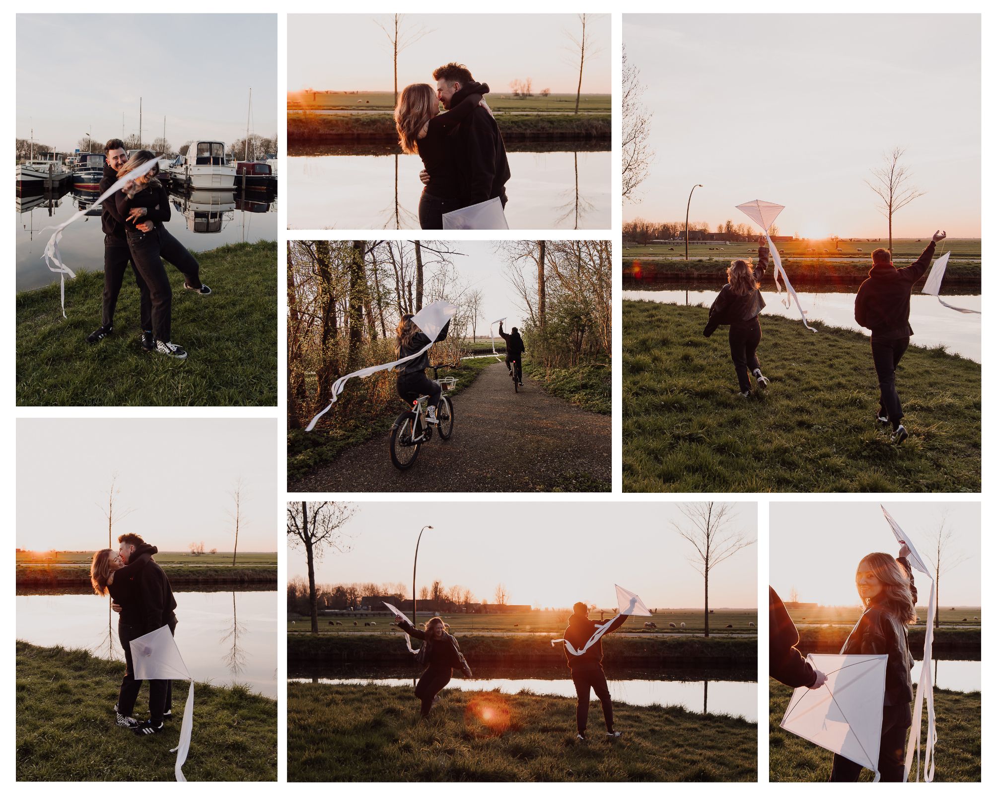 Playful couple's photoshoot in Woerden, flying kites together at sunset with warm evening light and natural portraits. (