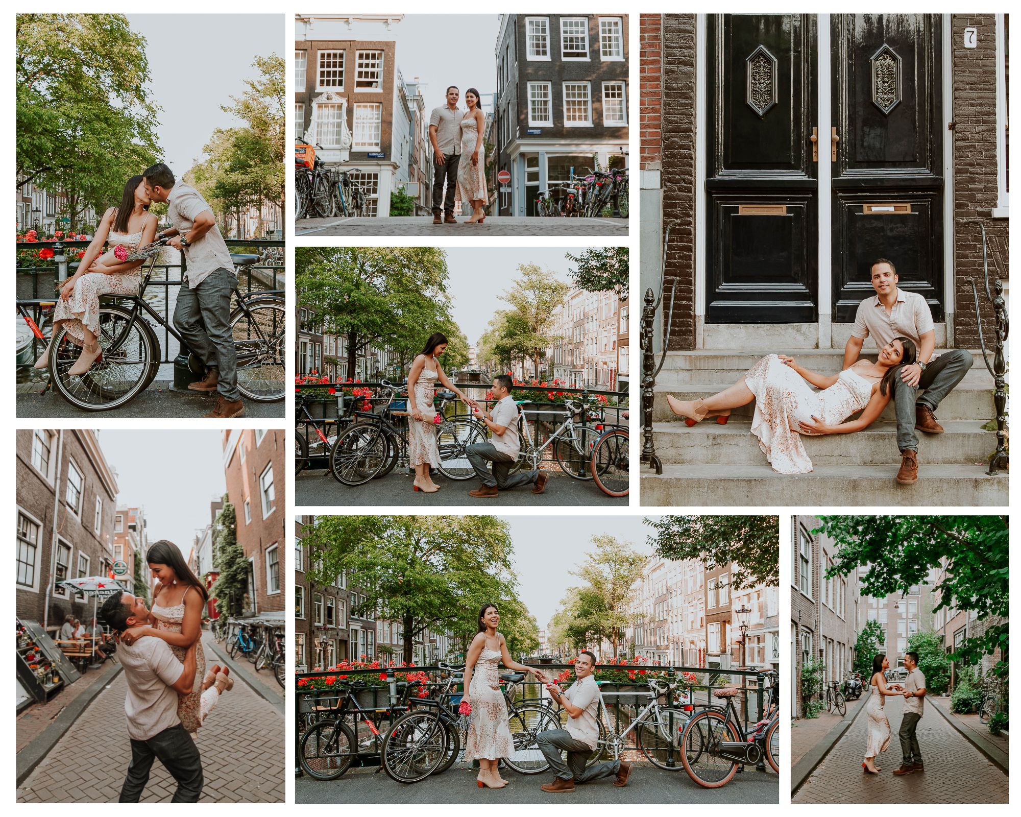Surprise proposal photoshoot in Amsterdam city, with romantic couple portraits around the canals and historic streets.
