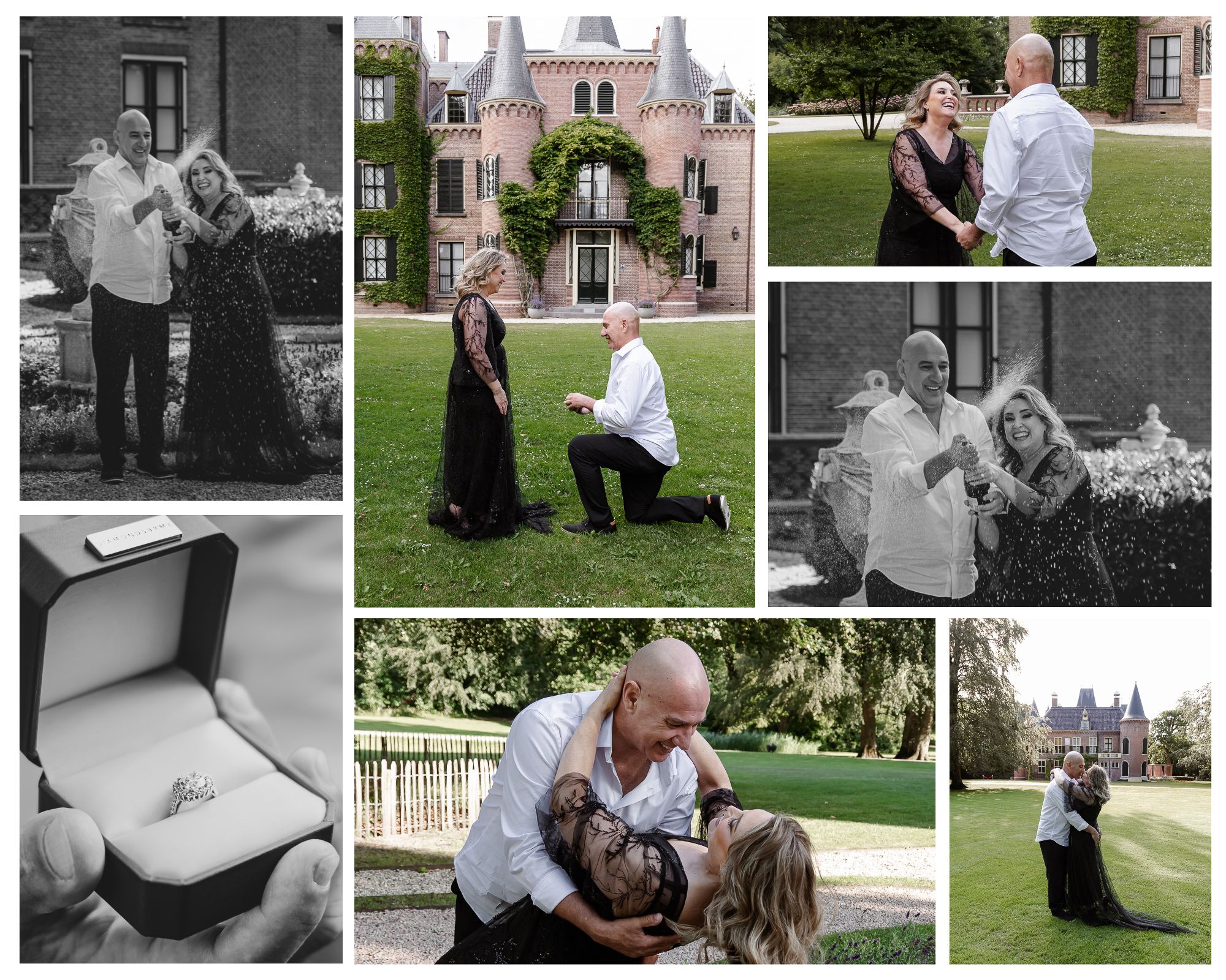 Surprise proposal photoshoot at Keukenhof Castle, capturing a couple's excitement and romantic portraits in the gardens.