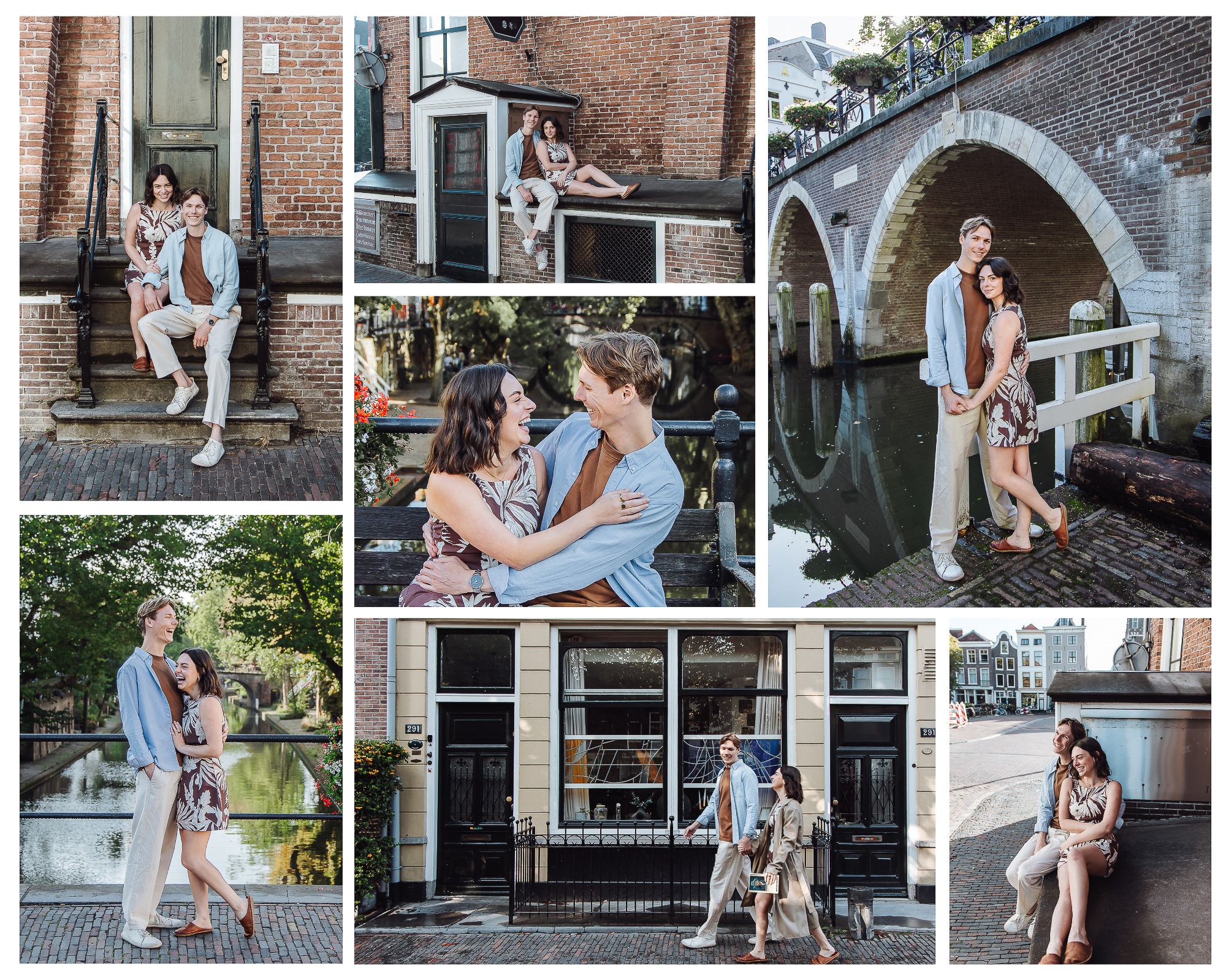 Tourist couple walking beside a canal in Utrecht, enjoying a relaxed couple photoshoot in the historic city centre.