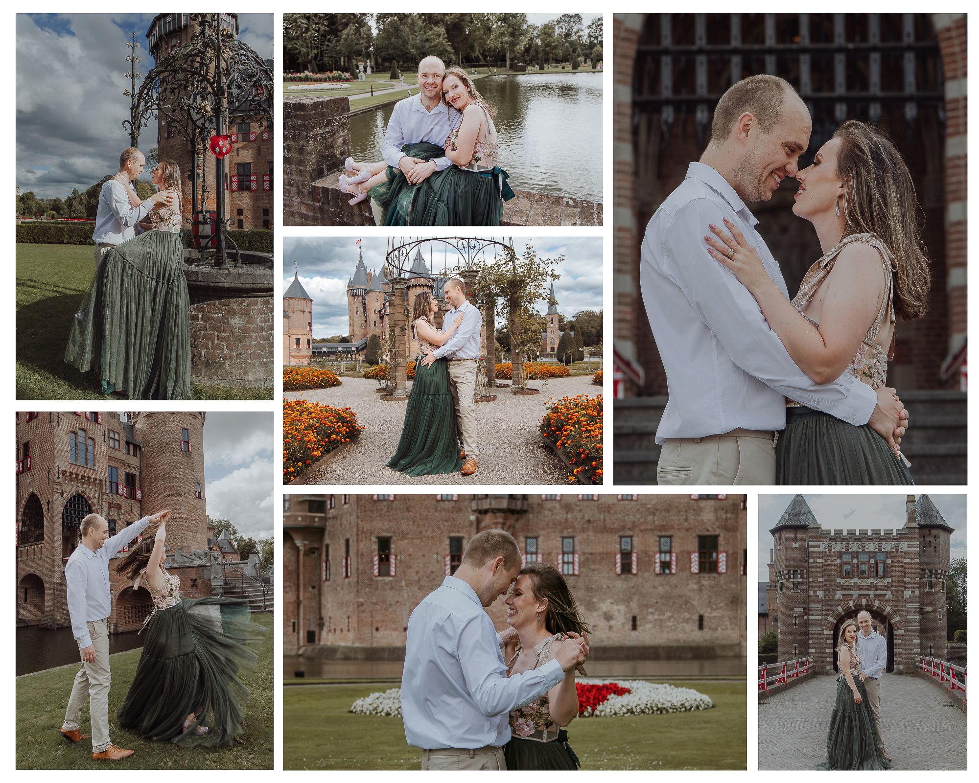 Couple celebrating their wedding anniversary at Kasteel de Haar in Utrecht, with romantic portraits around the castle grounds.