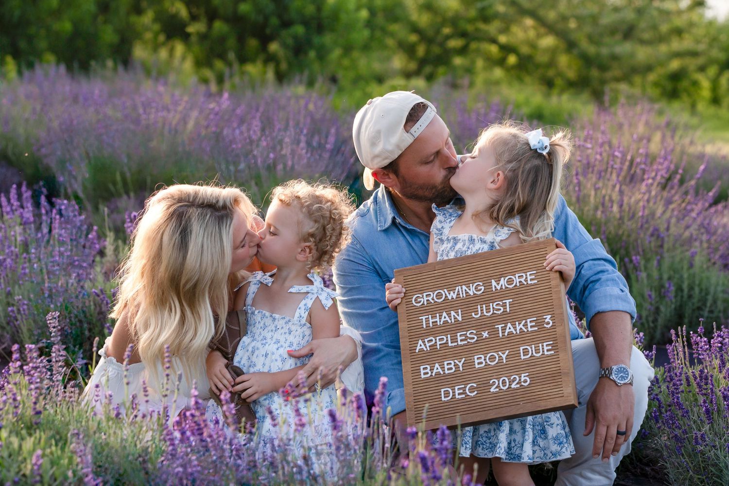 Family sitting together in a beautiful lavender field with a wooden pregnancy announcement sign.