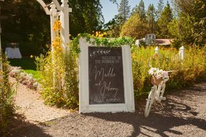 Rustic wooden signposts with chalkboard signs along a garden path surrounded by trees.