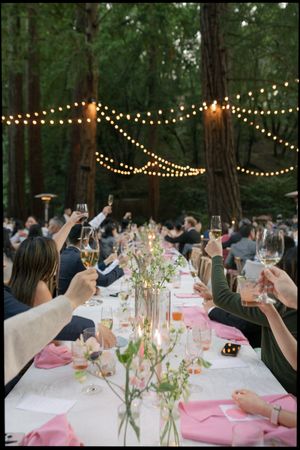 People raising champagne glasses at an outdoor wedding reception under string lights with pink table decor in a forest setting.