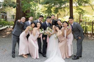 Wedding party in blush pink dresses and gray suits pose playfully together outdoors on stone path surrounded by trees.