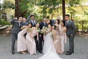 Wedding party in blush pink dresses and gray suits laughing together during outdoor photo session.