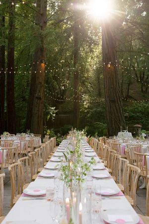 Long tables set for an elegant outdoor wedding reception under towering redwood trees with string lights and delicate decor.