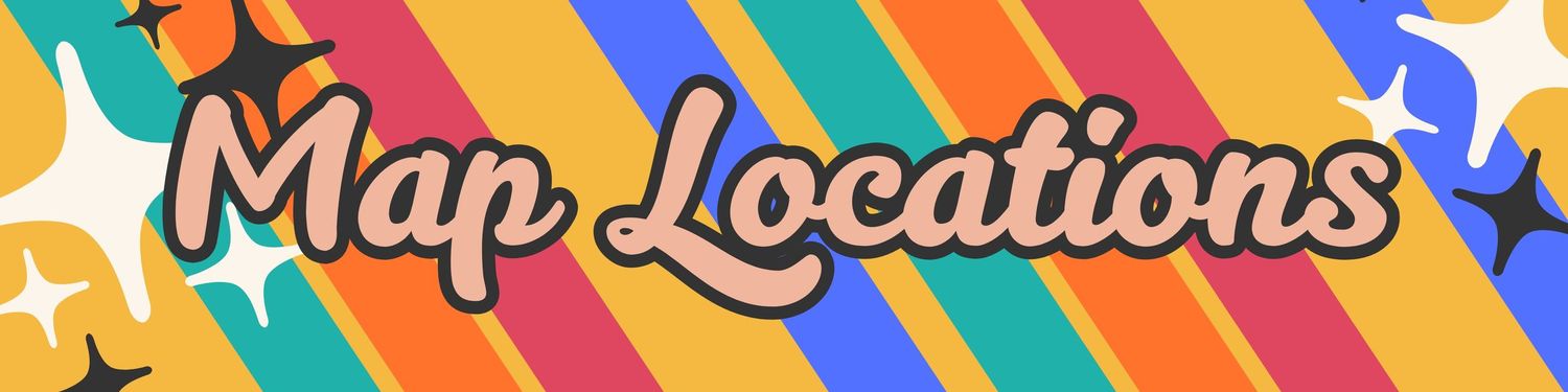 Colorful striped banner with 'Map Locations' text in retro style.