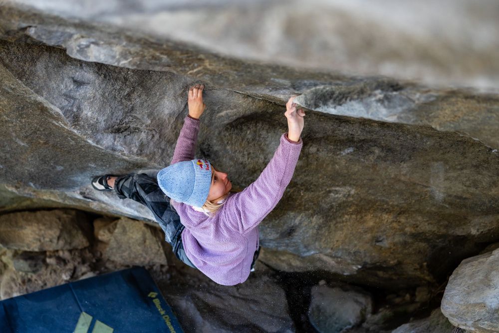 Janja Garnbret climbing during the Bouldering Camp in Ticino, Switzerland on November 23, 2025. Photo Jan Virt.