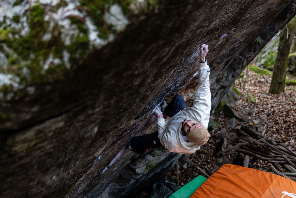 Alberto Ginez Lopez climbing during the Bouldering Camp in Ticino, Switzerland on November 24, 2025. Photo Jan Virt.