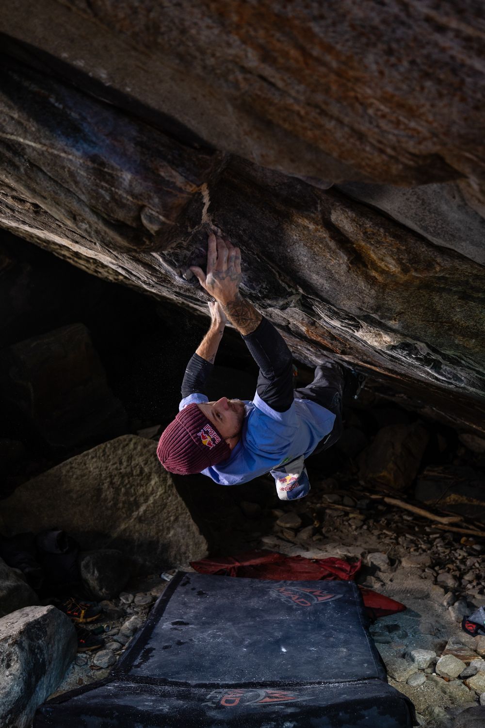 Felipe Camargo climbing during the Bouldering Camp in Ticino, Switzerland on November 25, 2025. Photo Jan Virt.