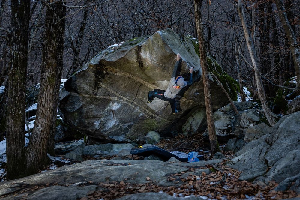 Domen Skofic climbing during the Bouldering Camp in Ticino, Switzerland on November 26, 2025. Photo Jan Virt.