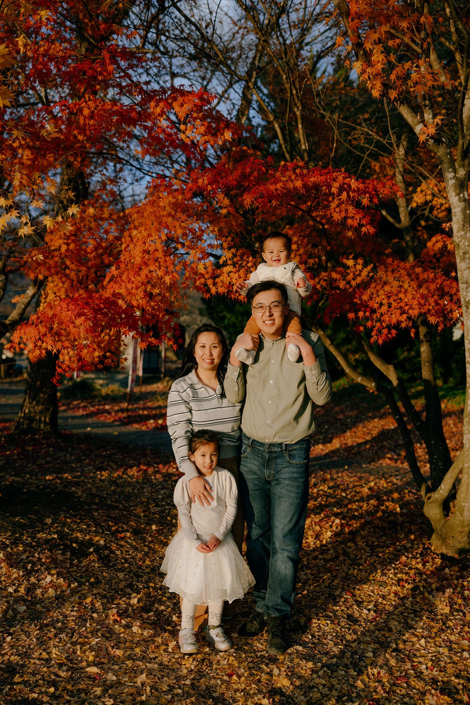 Family enjoying a beautiful autumn day under vibrant red maple trees in a park during golden hour.