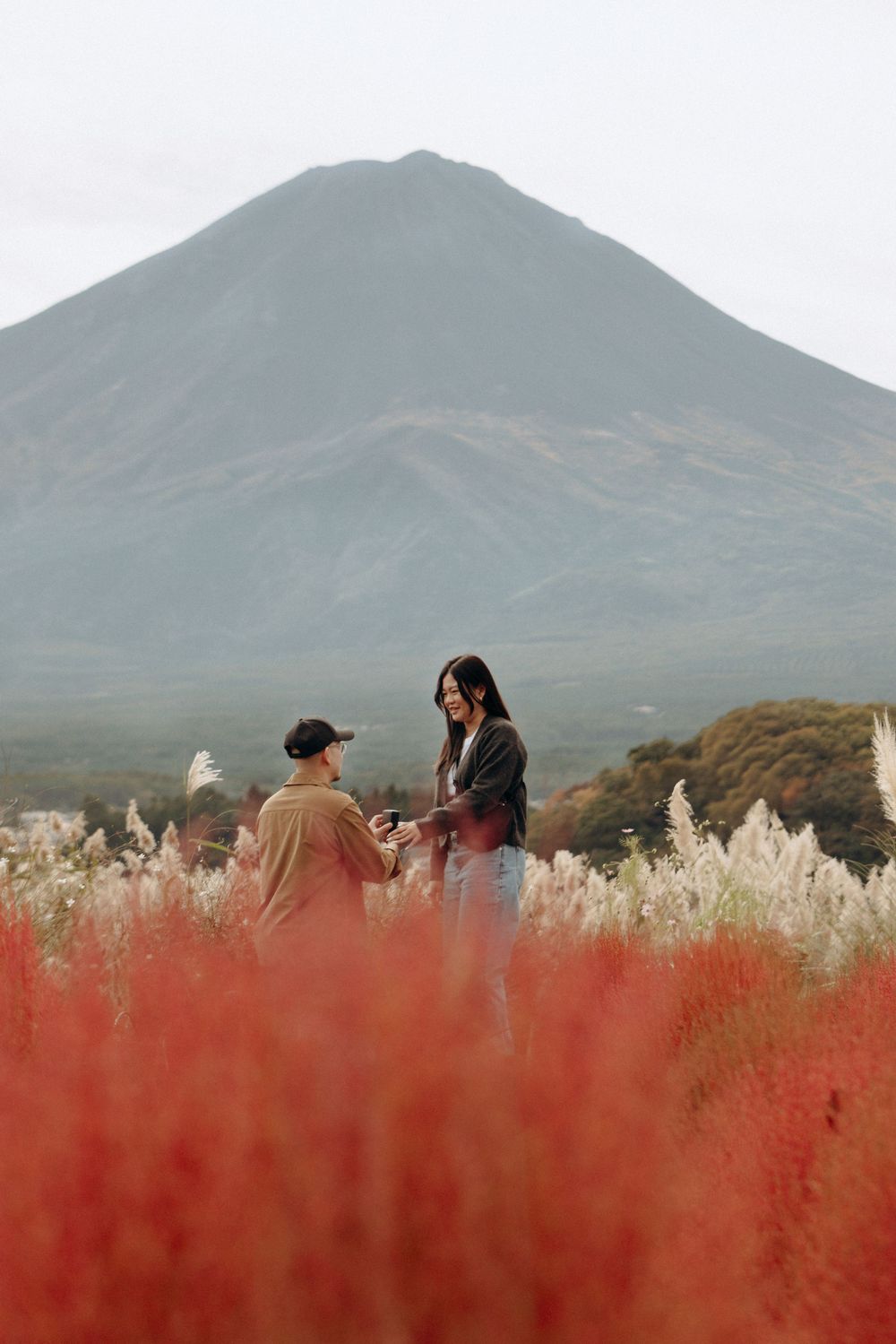 Two people share a romantic moment in a field of red flowers with a majestic mountain peak rising in the misty background.