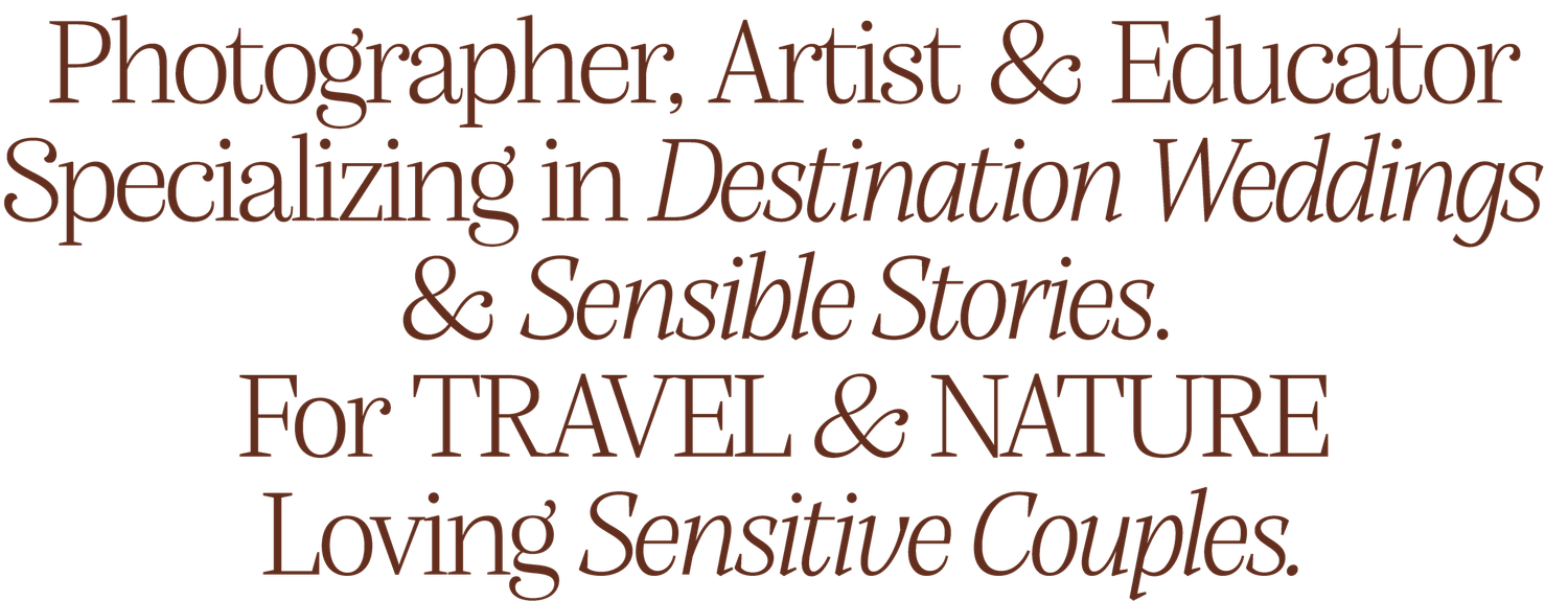 Professional text layout describing a photographer and artist specializing in destination weddings and travel photography services.