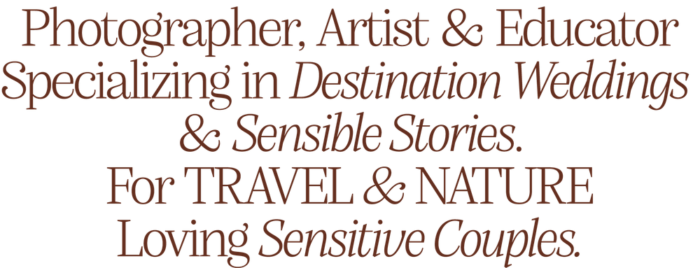 Professional text layout describing a photographer and artist specializing in destination weddings and travel photography services.