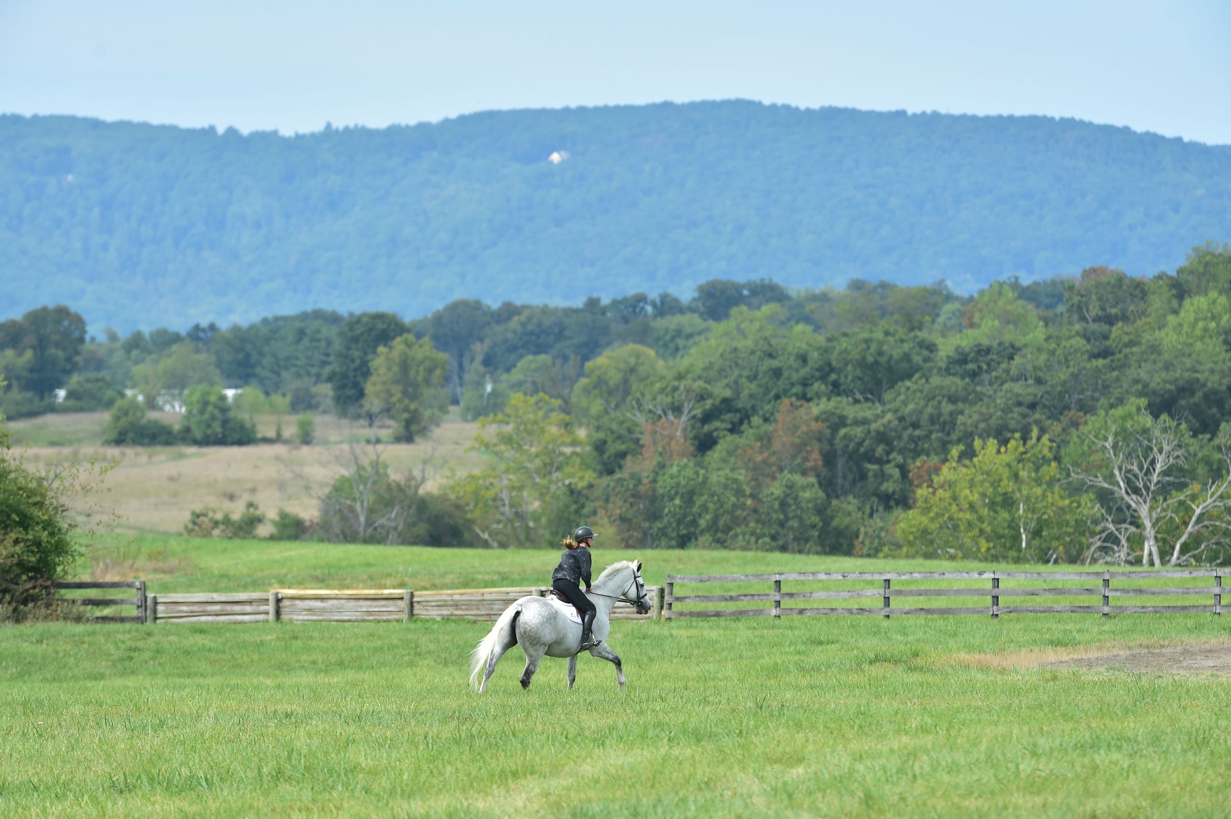 Rolling green hills and mountains create a scenic pastoral landscape with wooden fencing in the foreground.