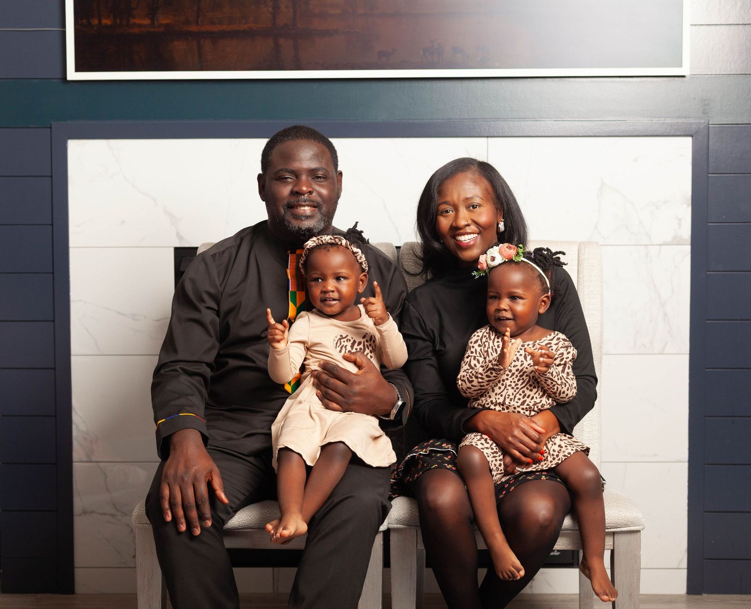 A collage of family portrait photos showing joyful moments together against a dark background.