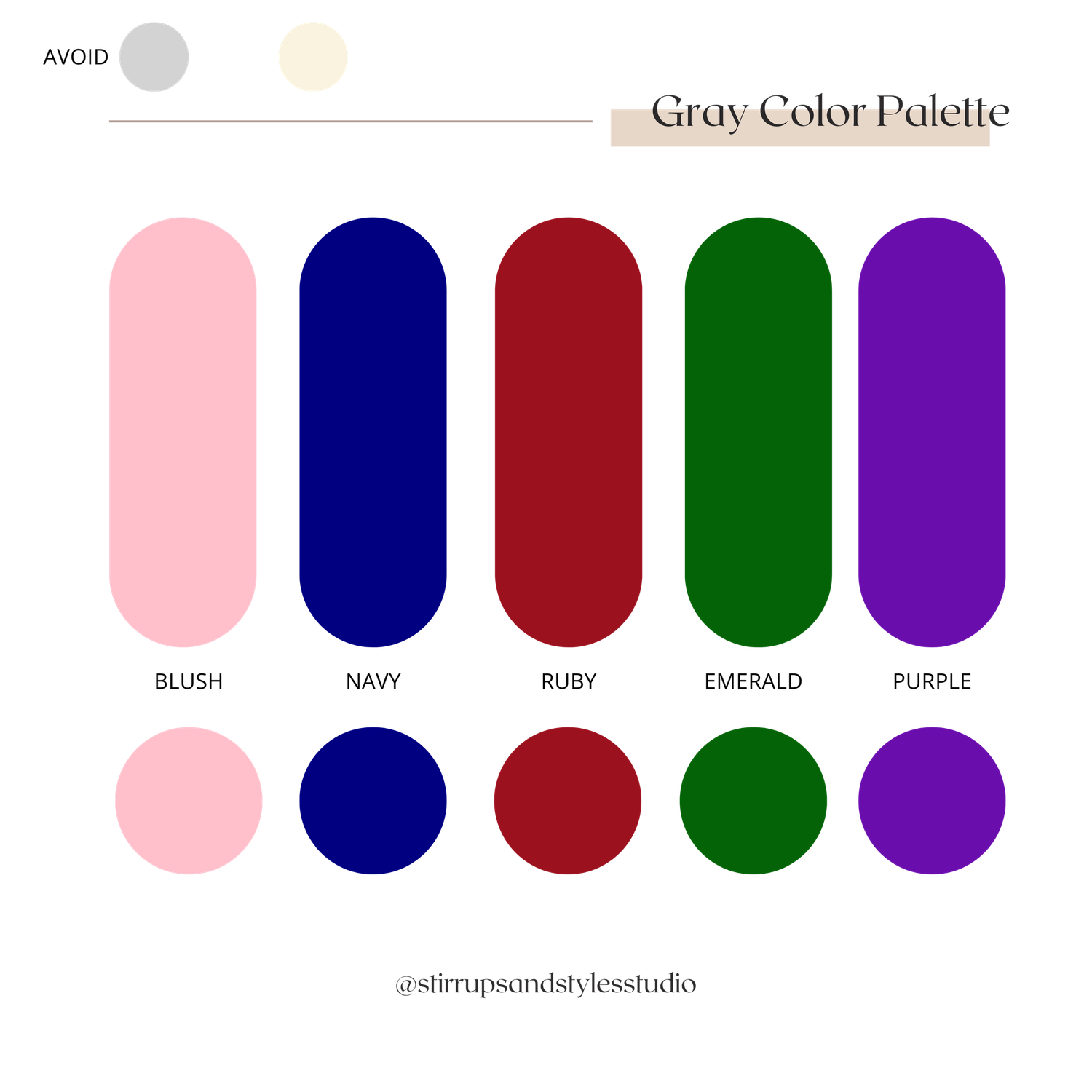 A color palette featuring five rounded rectangular swatches in blush pink, navy blue, ruby red, emerald green, and purple tones.