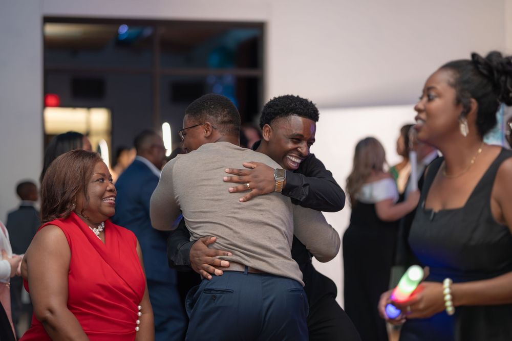 A heartwarming collage of people embracing and sharing emotional moments during celebrations or reunions.