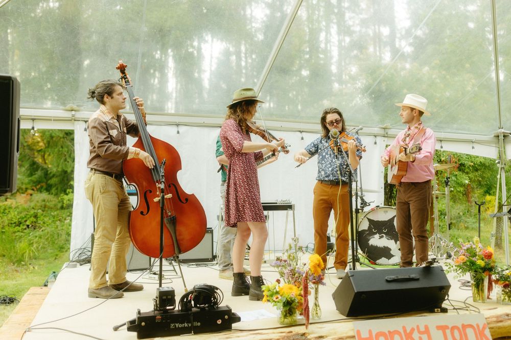 Band performing on outdoor stage with string instruments and microphones.