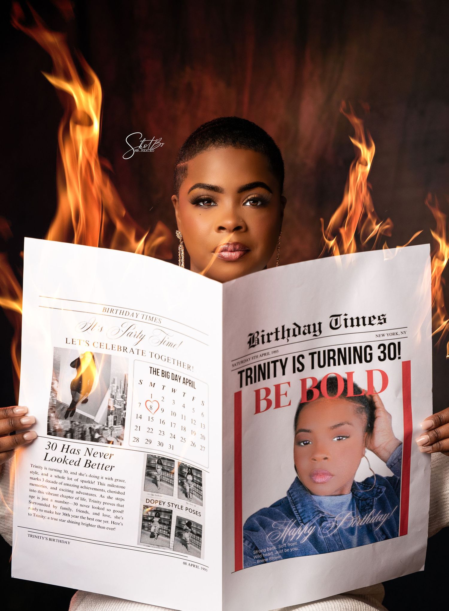Creative photo collage featuring newspaper headlines and burning flames against dark background with dramatic lighting.