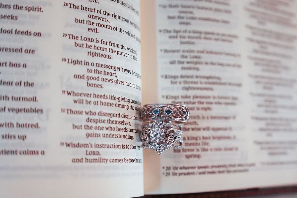 Close-up view of open Bible pages with red text highlighting visible.