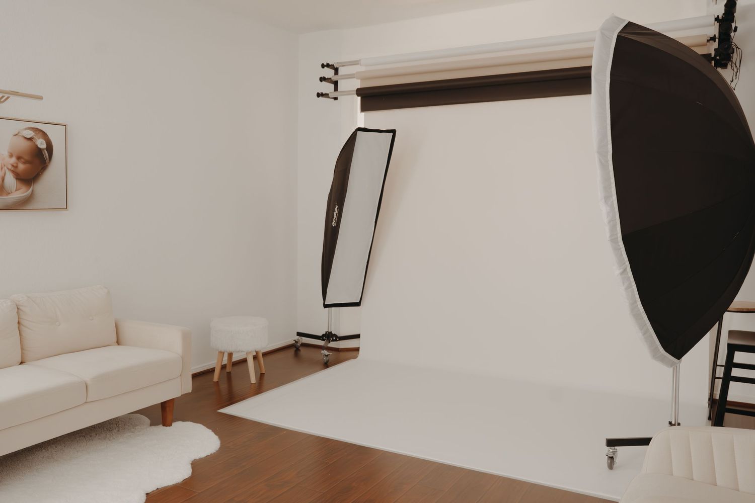 Professional photography studio setup with white backdrop, softbox lighting, and beige couch visible in the corner. – Paloma Schell