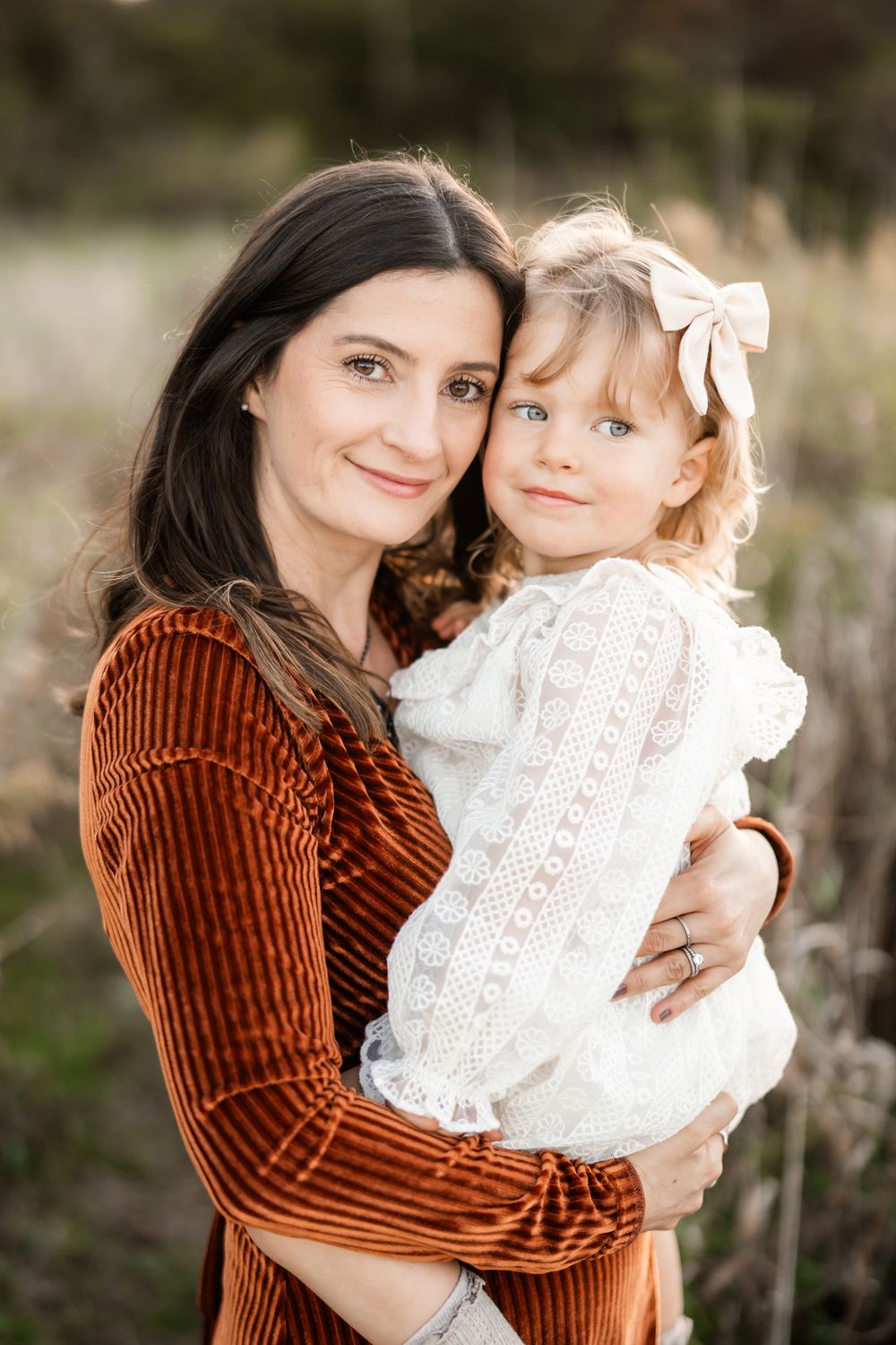 Portrait of mom and daughter in forest in Downers Grove, Illinois.
