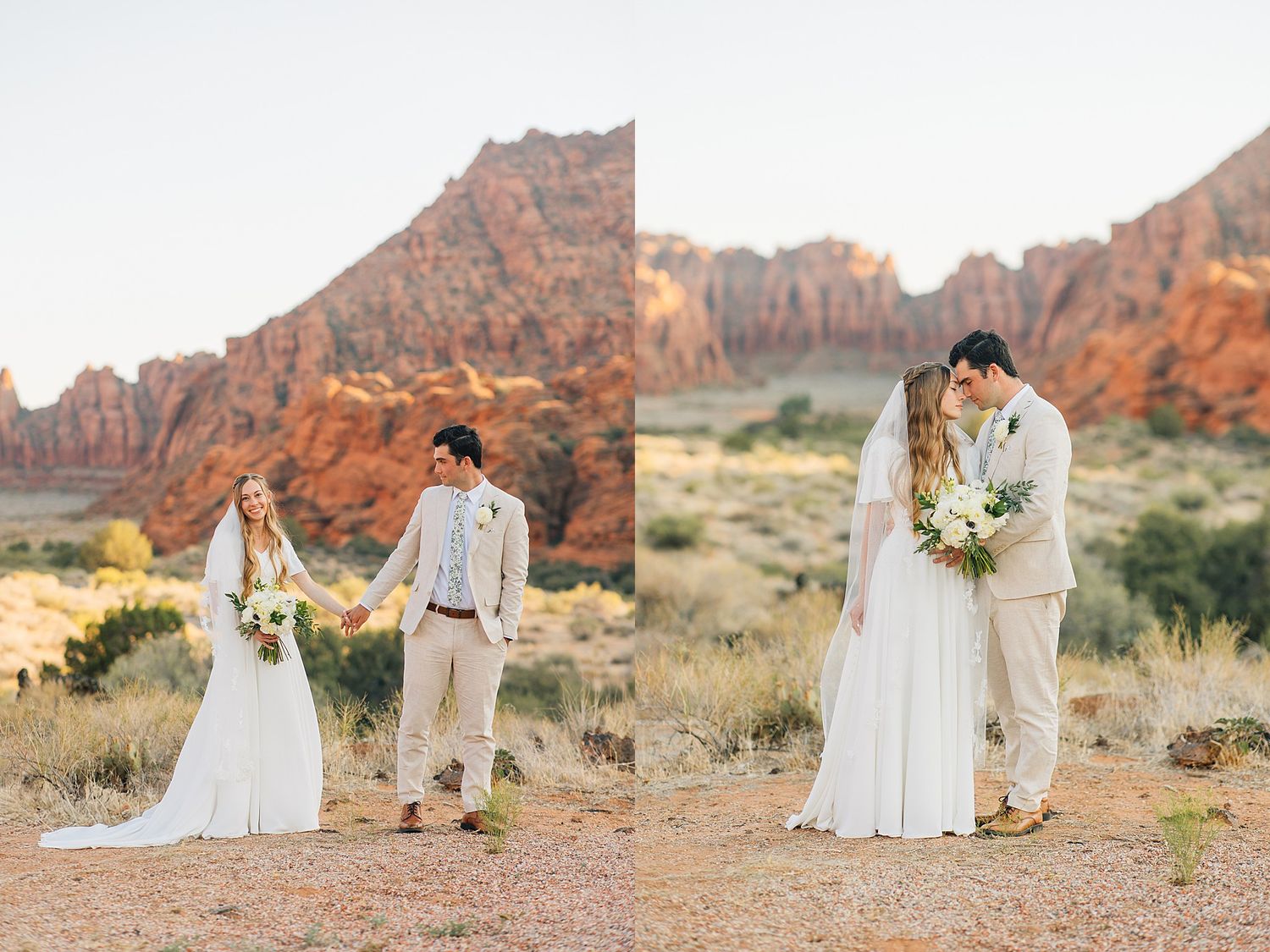 Desert wedding photos at sunset with red rock formations and desert brush in Snow Canyon State Park, Utah.