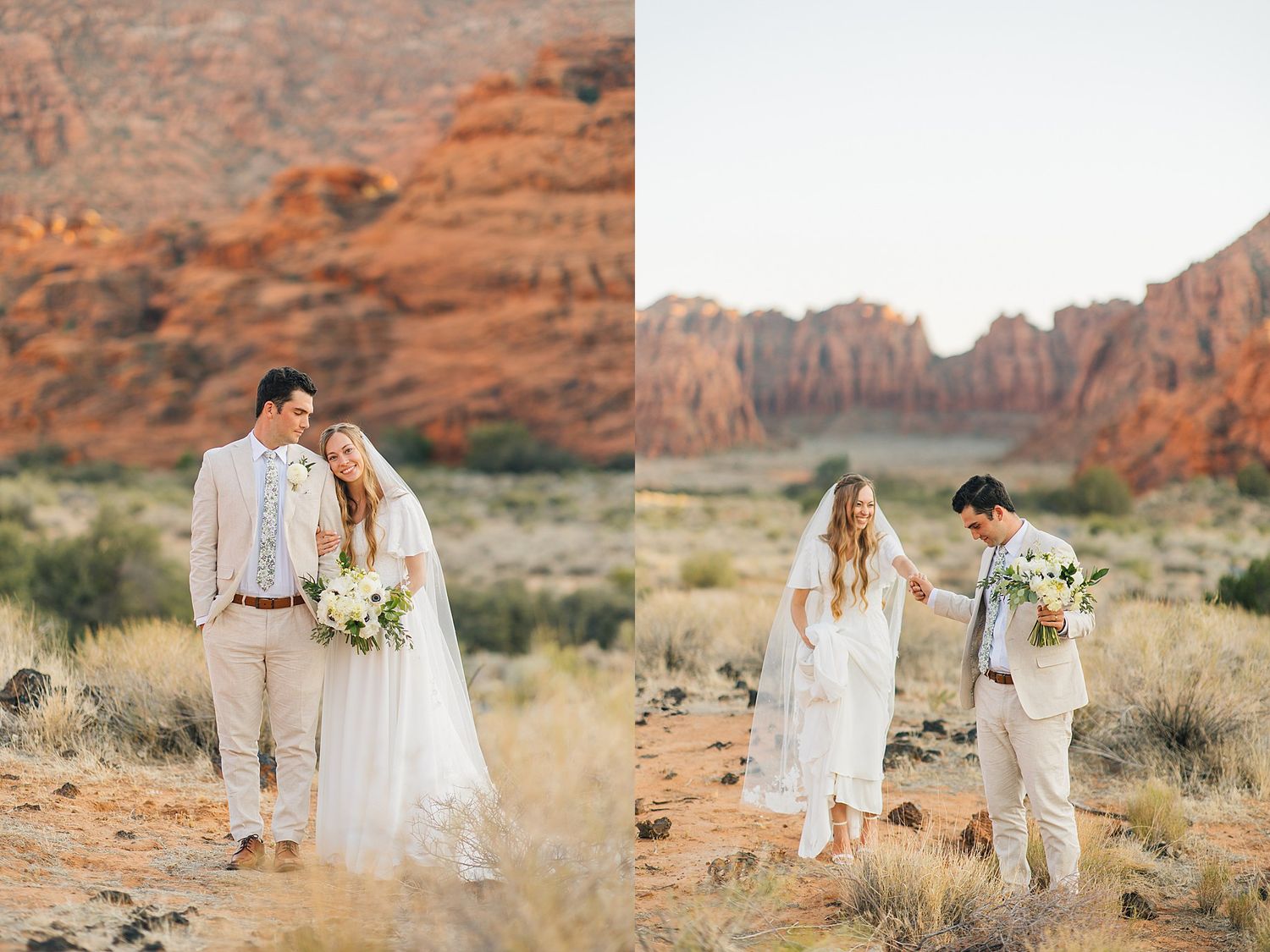 Romantic desert elopement photography session against stunning red sandstone cliffs at golden hour.