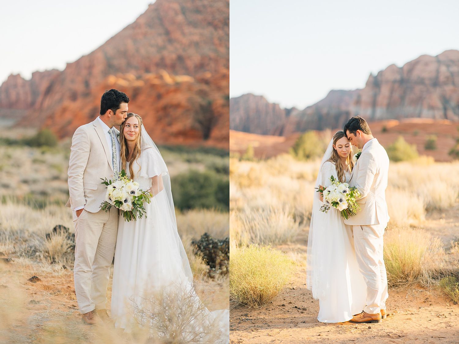 Couple embraces against stunning red rock formations in Snow Canyon State Park during golden hour sunset.