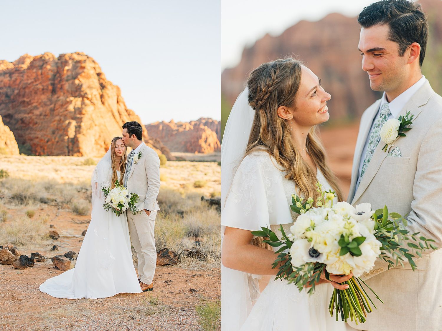 Couple celebrates their wedding day against stunning red rock formations in a desert landscape at sunset.