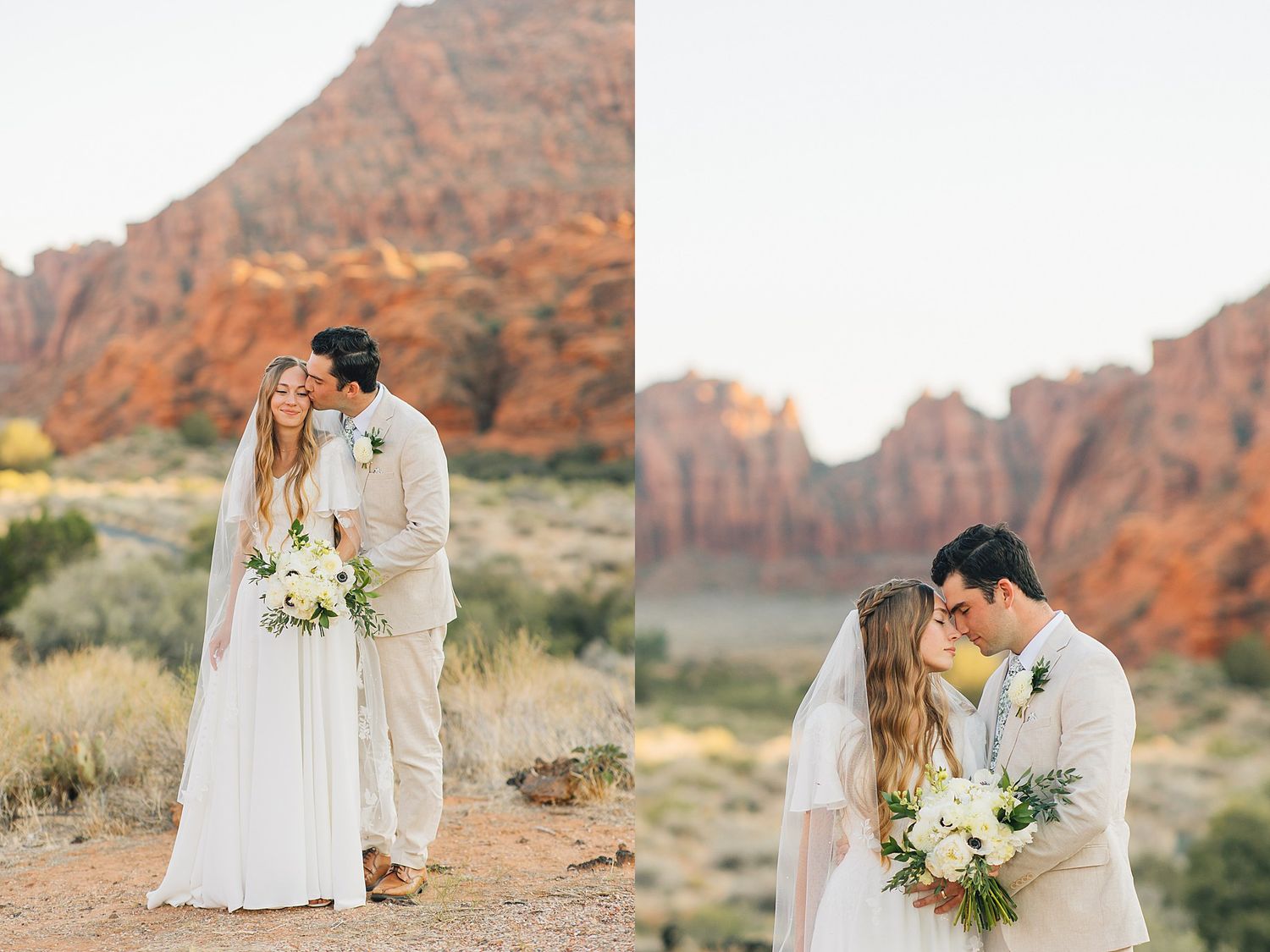 Newlyweds share intimate moments among desert scenery with dramatic red cliffs and desert brush.