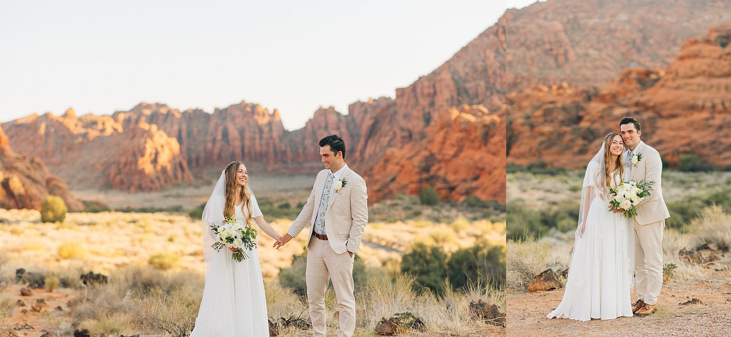 Desert landscape wedding photos with red sandstone cliffs and golden hour lighting.