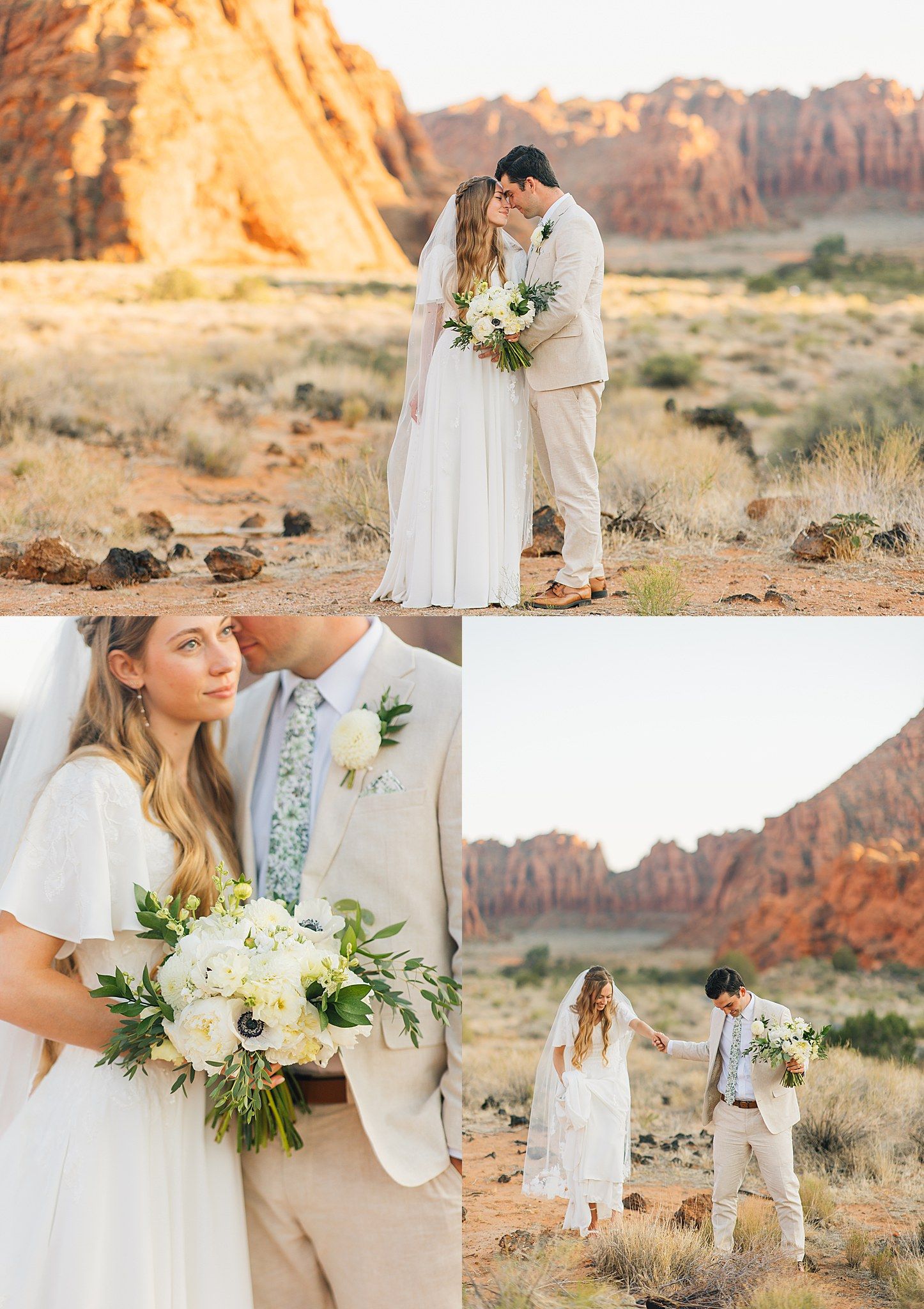 A romantic desert wedding photoshoot featuring couples in white attire against stunning red rock formations at sunset.