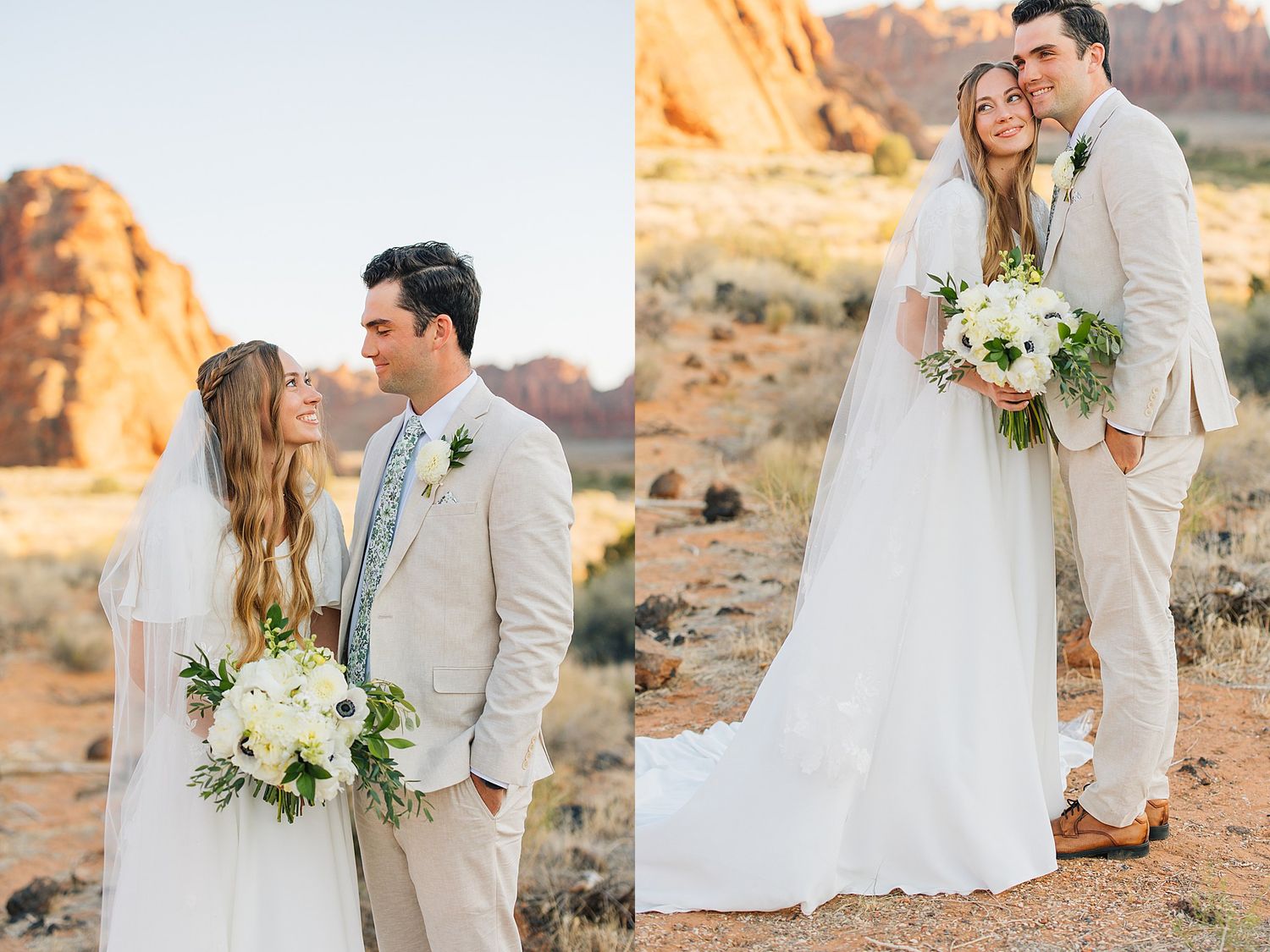 A romantic desert wedding photo session at sunset with a couple in white attire among red rock formations.