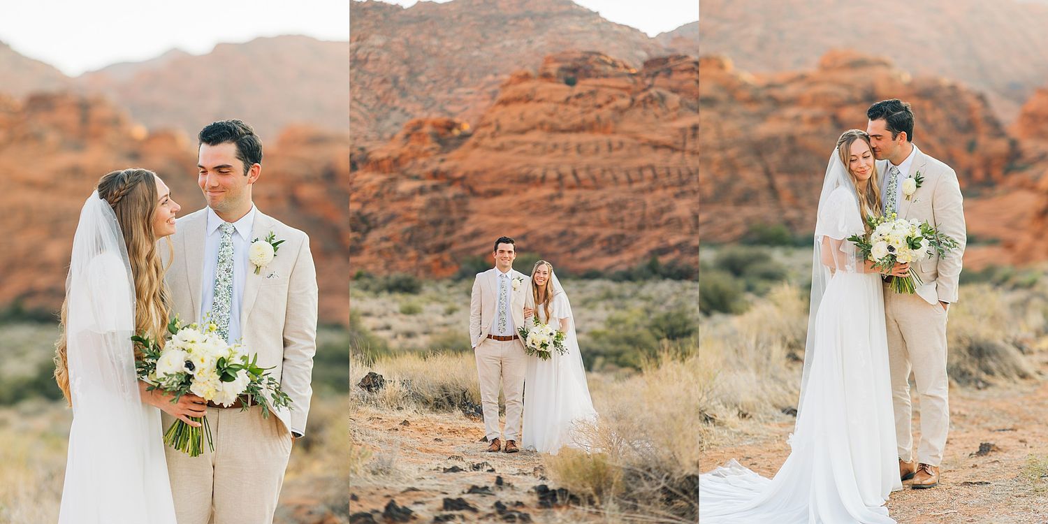 A couple poses together in their wedding attire against the stunning red rock formations of Valley of Fire State Park.