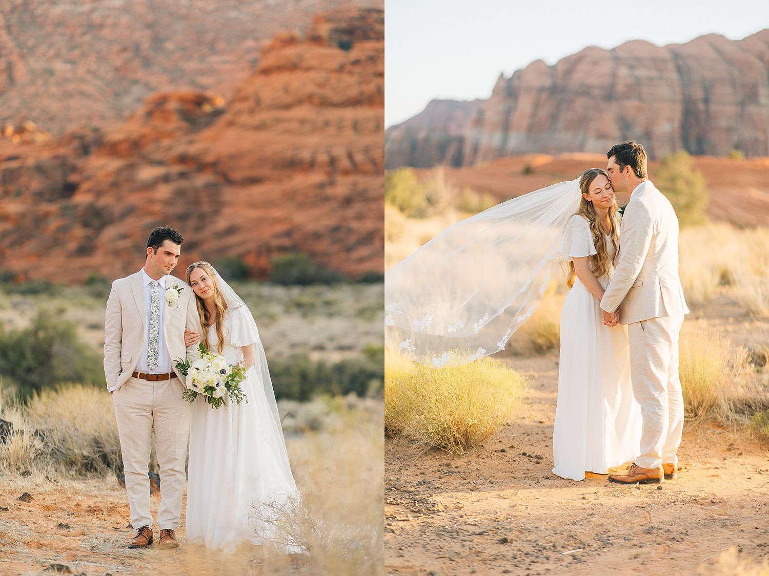 Wedding couple poses against stunning red rock formations in desert landscape at golden hour.