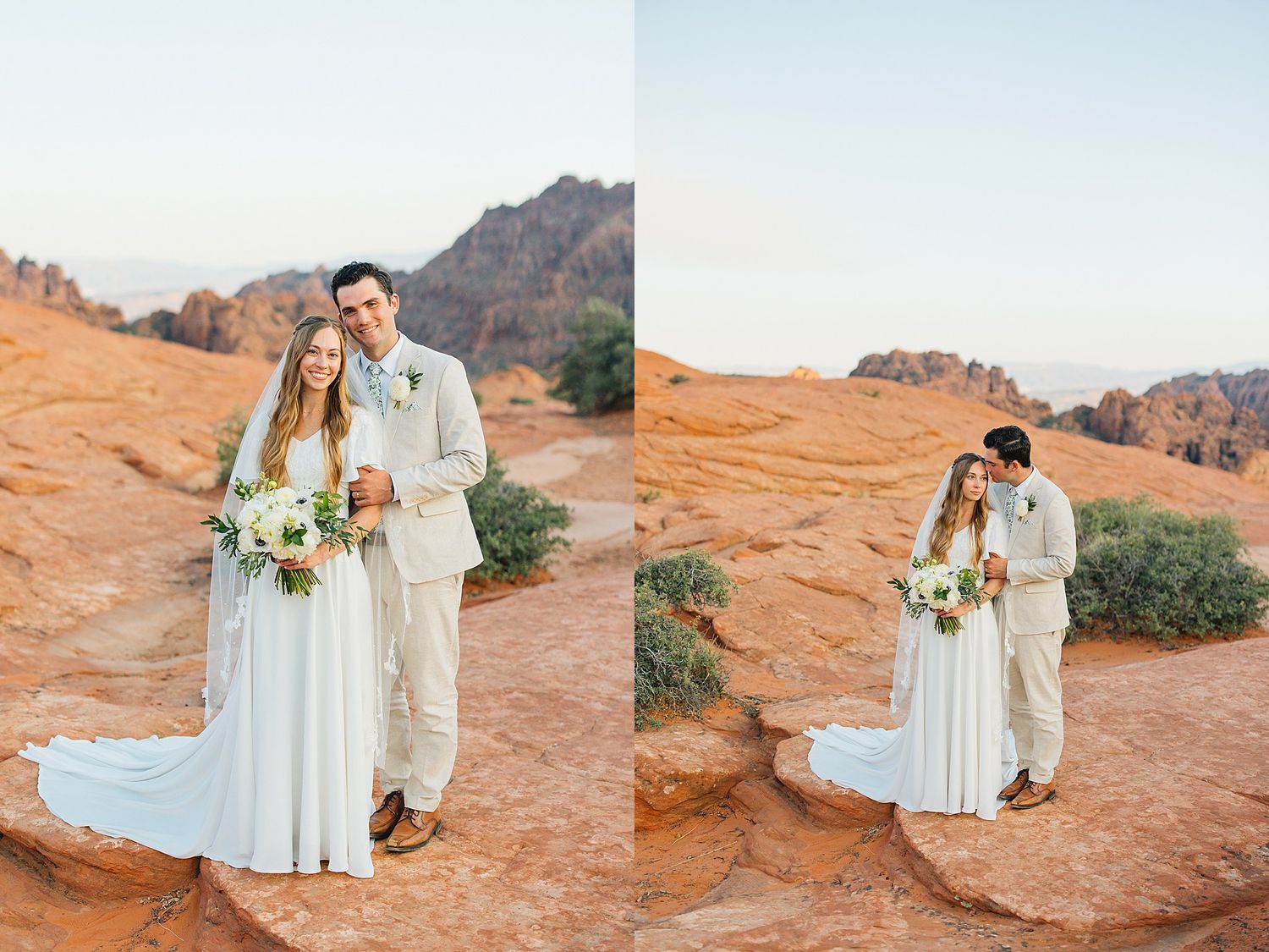 A couple in wedding attire poses against stunning red rock formations in a desert landscape at sunset.