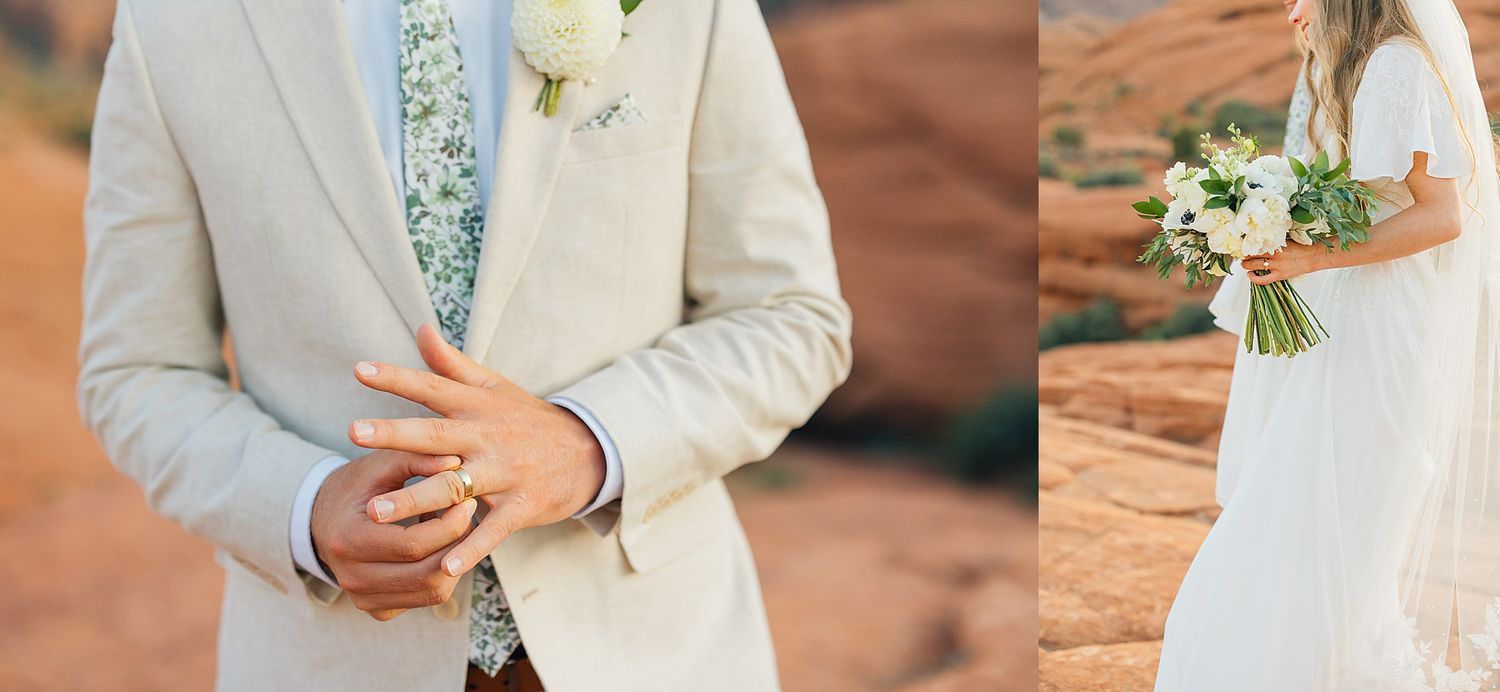 A wedding couple holds hands and poses in a rustic outdoor setting with natural desert scenery in the background.