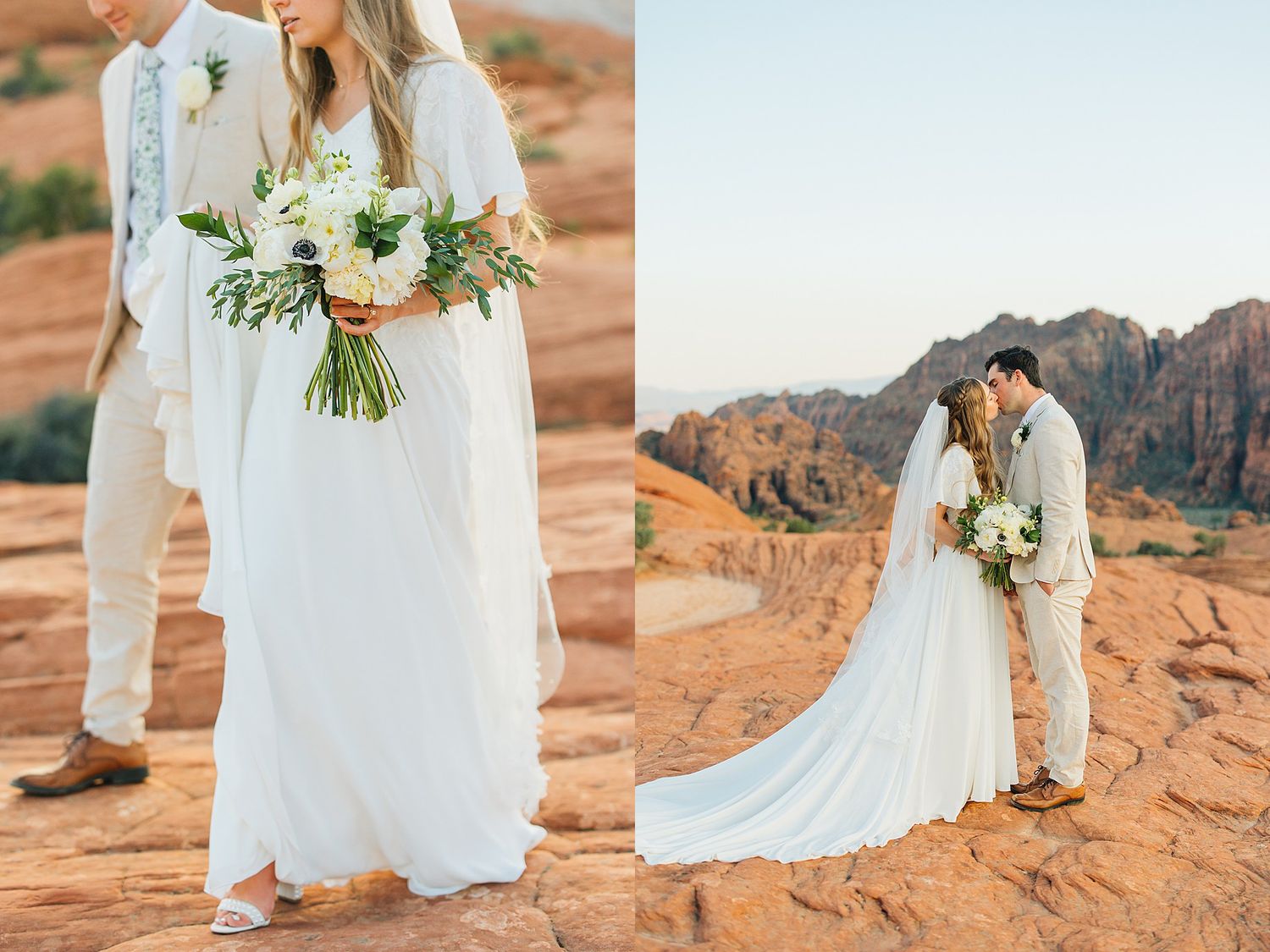 Romantic wedding couple poses on red rock formations in desert landscape with white floral bouquet.