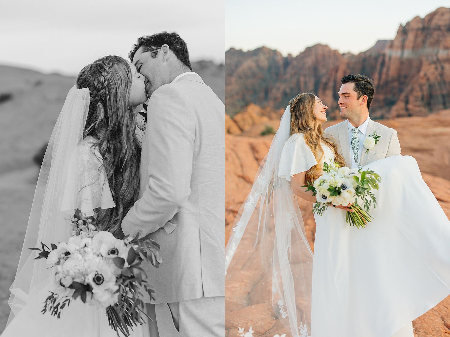 A romantic wedding photo series showing intimate moments between newlyweds against stunning red rock formations at sunset.