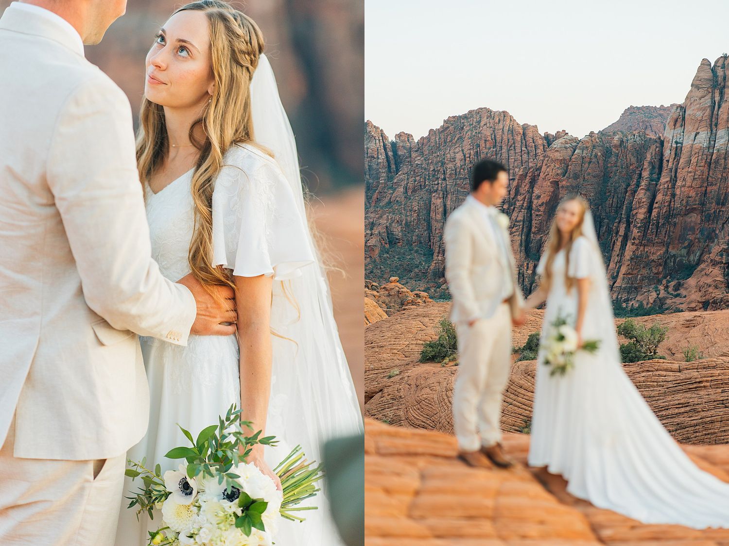 Wedding portraits captured in a desert setting with towering red cliffs and natural desert flora in the background.