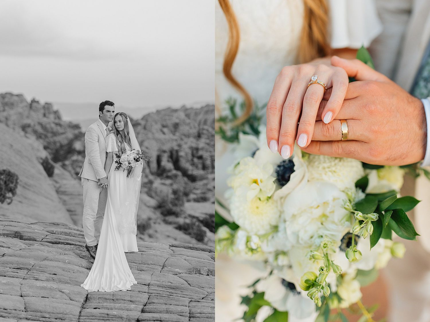 A wedding couple on red rocks with a closeup of hands holding a white floral bouquet with engagement ring.
